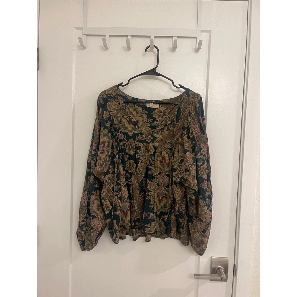 Ralph Lauren Denim Supply Green Boho Puff Sleeve Blouse V Neck